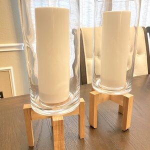 Hurricane Glass Candle Holders with Wooden Stands -Set of 2